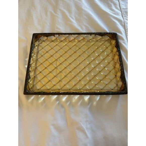 Quilted Pattern Bronze Tray Gold Brown Art Nouveau Vintage Inspired Amber Lucite - Picture 1 of 6